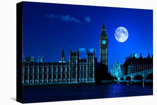 Night Scene in London Showing the Big Ben, a Full Moon and Westminster Bridge-Kamira-Stretched Canvas