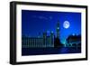 Night Scene in London Showing the Big Ben, a Full Moon and Westminster Bridge-Kamira-Framed Photographic Print