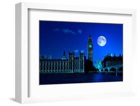 Night Scene in London Showing the Big Ben, a Full Moon and Westminster Bridge-Kamira-Framed Photographic Print