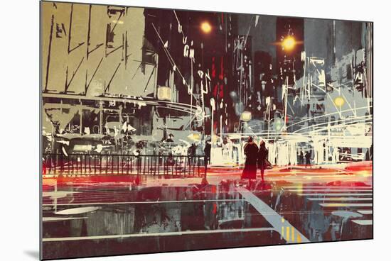 Night Scene of Modern City Street,Illustration Painting-Tithi Luadthong-Mounted Art Print