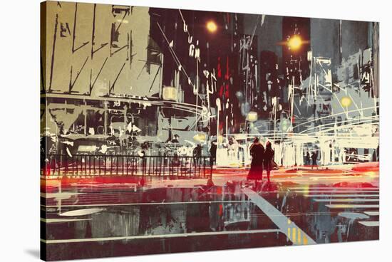Night Scene of Modern City Street,Illustration Painting-Tithi Luadthong-Stretched Canvas