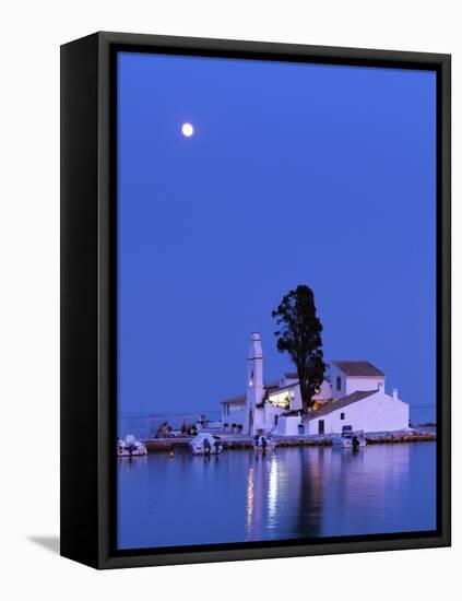 Night Scene of Vlacherna Monastery with Moon, Kanoni, Corfu, Greece-Ivan Vdovin-Framed Stretched Canvas