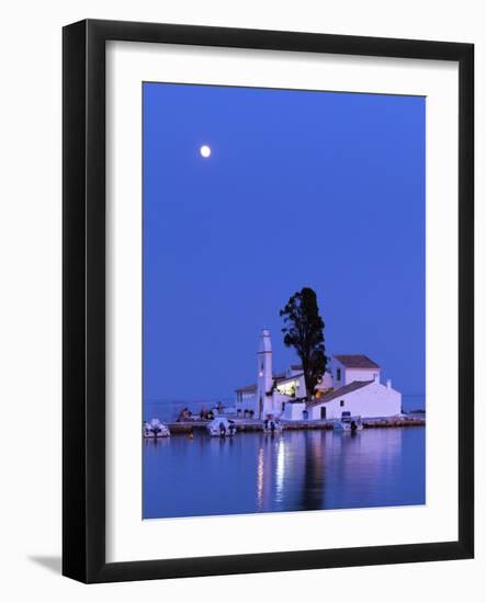 Night Scene of Vlacherna Monastery with Moon, Kanoni, Corfu, Greece-Ivan Vdovin-Framed Photographic Print