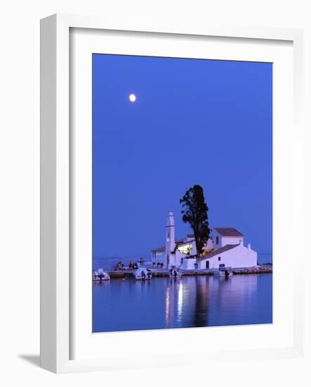 Night Scene of Vlacherna Monastery with Moon, Kanoni, Corfu, Greece-Ivan Vdovin-Framed Photographic Print