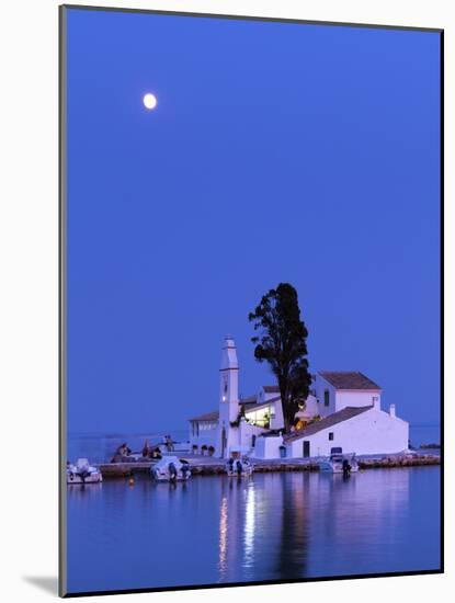 Night Scene of Vlacherna Monastery with Moon, Kanoni, Corfu, Greece-Ivan Vdovin-Mounted Photographic Print