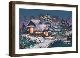 Night Scene of Wooden Houses with Christmas Lights,Illustration Painting-Tithi Luadthong-Framed Art Print