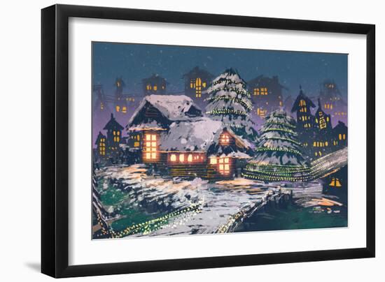 Night Scene of Wooden Houses with Christmas Lights,Illustration Painting-Tithi Luadthong-Framed Art Print