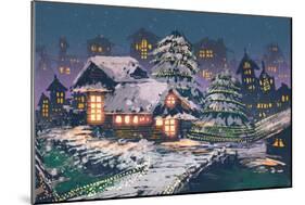 Night Scene of Wooden Houses with Christmas Lights,Illustration Painting-Tithi Luadthong-Mounted Art Print