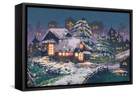 Night Scene of Wooden Houses with Christmas Lights,Illustration Painting-Tithi Luadthong-Framed Stretched Canvas