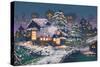 Night Scene of Wooden Houses with Christmas Lights,Illustration Painting-Tithi Luadthong-Stretched Canvas