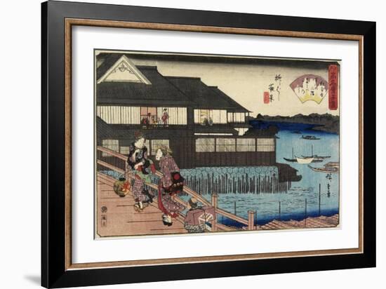 Night Scene on Yanagi-Bashi Bridge and Restaurant Manhachi, C. 1835-1842-Utagawa Hiroshige-Framed Giclee Print
