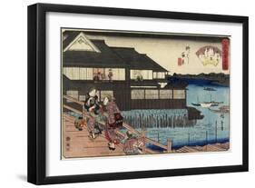 Night Scene on Yanagi-Bashi Bridge and Restaurant Manhachi, C. 1835-1842-Utagawa Hiroshige-Framed Giclee Print