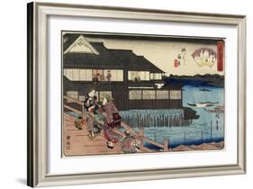 Night Scene on Yanagi-Bashi Bridge and Restaurant Manhachi, C. 1835-1842-Utagawa Hiroshige-Framed Giclee Print