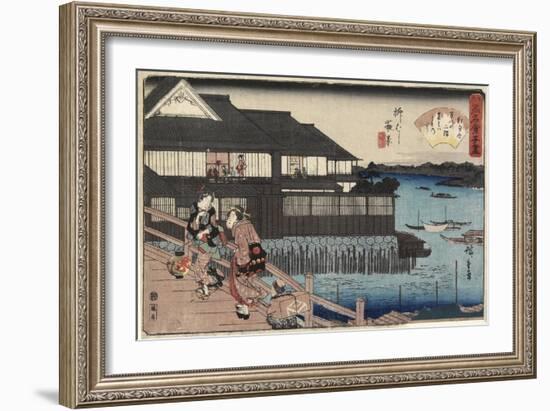 Night Scene on Yanagi-Bashi Bridge and the Restaurant Manhachi, 1830-1844-Utagawa Hiroshige-Framed Giclee Print