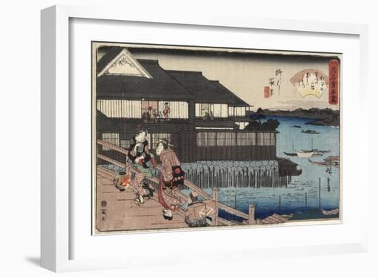 Night Scene on Yanagi-Bashi Bridge and the Restaurant Manhachi, 1830-1844-Utagawa Hiroshige-Framed Giclee Print