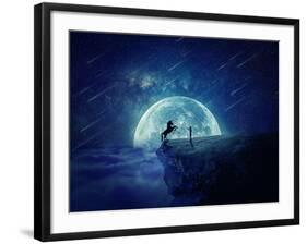 Night Scene with Boy Standing at Edge of Cliff Chasm Trying to Tame Wild Unicorn-Bordeianu Andrei-Framed Photographic Print