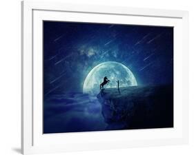 Night Scene with Boy Standing at Edge of Cliff Chasm Trying to Tame Wild Unicorn-Bordeianu Andrei-Framed Photographic Print