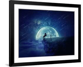 Night Scene with Boy Standing at Edge of Cliff Chasm Trying to Tame Wild Unicorn-Bordeianu Andrei-Framed Photographic Print