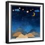 Night Sky,Cloud, Moon and Star - Paper Cut .Water Color on Grunge Paper Texture Background-pluie_r-Framed Art Print