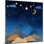 Night Sky,Cloud, Moon and Star - Paper Cut .Water Color on Grunge Paper Texture Background-pluie_r-Mounted Art Print