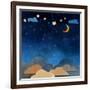 Night Sky,Cloud, Moon and Star - Paper Cut .Water Color on Grunge Paper Texture Background-pluie_r-Framed Art Print