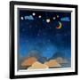 Night Sky,Cloud, Moon and Star - Paper Cut .Water Color on Grunge Paper Texture Background-pluie_r-Framed Art Print