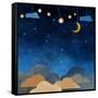 Night Sky,Cloud, Moon and Star - Paper Cut .Water Color on Grunge Paper Texture Background-pluie_r-Framed Stretched Canvas