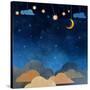 Night Sky,Cloud, Moon and Star - Paper Cut .Water Color on Grunge Paper Texture Background-pluie_r-Stretched Canvas