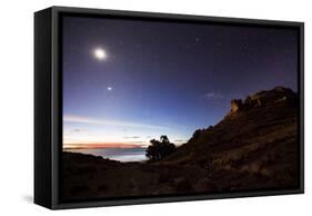 Night Sky with the Moon and Venus over Mountains Near Copacabana and Lake Titicaca-Alex Saberi-Framed Stretched Canvas