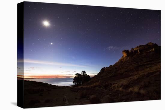 Night Sky with the Moon and Venus over Mountains Near Copacabana and Lake Titicaca-Alex Saberi-Stretched Canvas