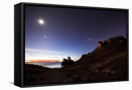 Night Sky with the Moon and Venus over Mountains Near Copacabana and Lake Titicaca-Alex Saberi-Framed Stretched Canvas