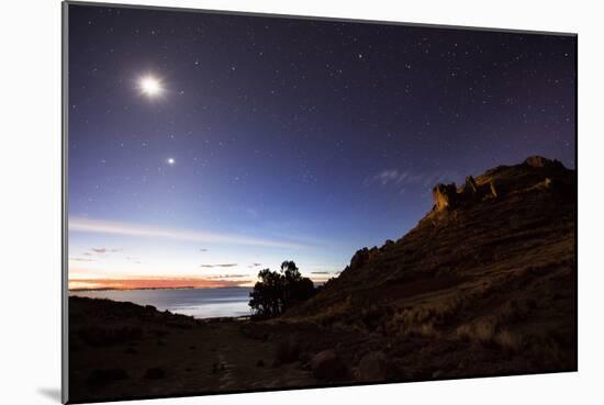 Night Sky with the Moon and Venus over Mountains Near Copacabana and Lake Titicaca-Alex Saberi-Mounted Photographic Print