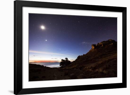 Night Sky with the Moon and Venus over Mountains Near Copacabana and Lake Titicaca-Alex Saberi-Framed Photographic Print