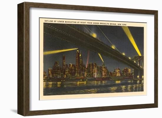 Night, Skyline under Brooklyn Bridge, New York City-null-Framed Art Print