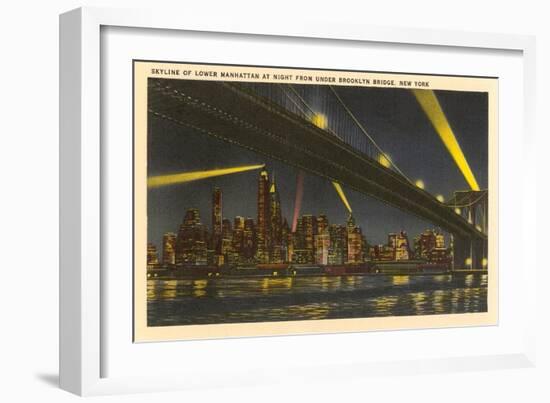 Night, Skyline under Brooklyn Bridge, New York City-null-Framed Art Print