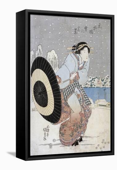 Night Snow Scene at Motonoyanagi Bridge-Utagawa Toyokuni-Framed Stretched Canvas