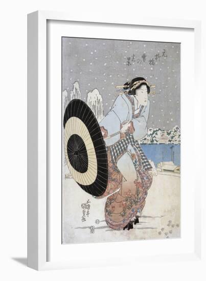 Night Snow Scene at Motonoyanagi Bridge-Utagawa Toyokuni-Framed Giclee Print