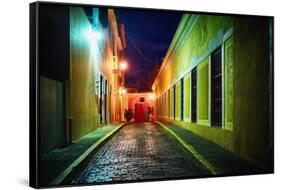 Night Street Scenic In Old San Juan-George Oze-Framed Stretched Canvas