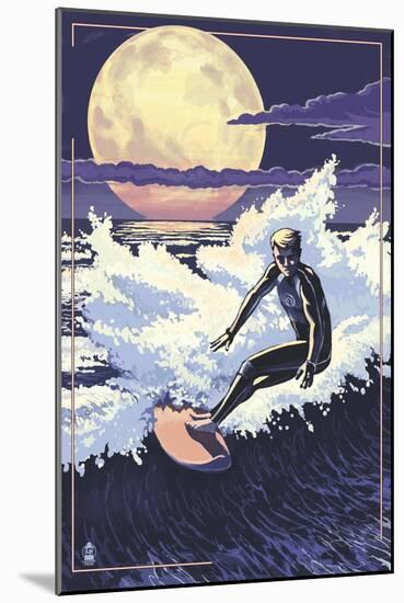 Night Surfer and Moon-Lantern Press-Mounted Art Print