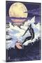 Night Surfer and Moon-Lantern Press-Mounted Art Print