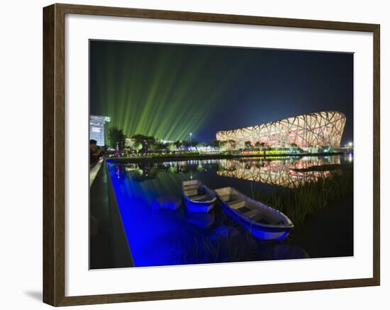Night Time Light Show at the Birds Nest Stadium During the 2008 Olympic Games, Beijing, China-Kober Christian-Framed Photographic Print