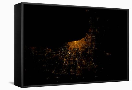 Night time satellite image of Chicago and Lake Michigan, Michigan, USA-null-Framed Stretched Canvas