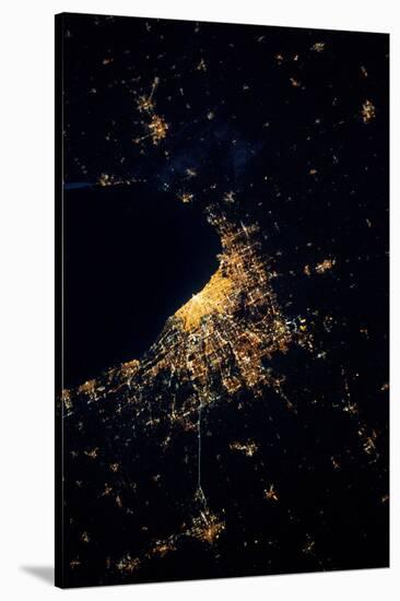 Night time satellite image of Chicago and Lake Michigan, Michigan, USA-null-Stretched Canvas