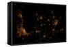 Night time satellite image of Chicago, Milwaukee, Detroit and Lake Michigan, Michigan, USA-null-Framed Stretched Canvas