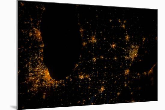 Night time satellite image of Chicago, Milwaukee, Detroit and Lake Michigan, Michigan, USA-null-Mounted Photographic Print