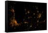 Night time satellite image of Chicago, Milwaukee, Detroit and Lake Michigan, Michigan, USA-null-Framed Stretched Canvas