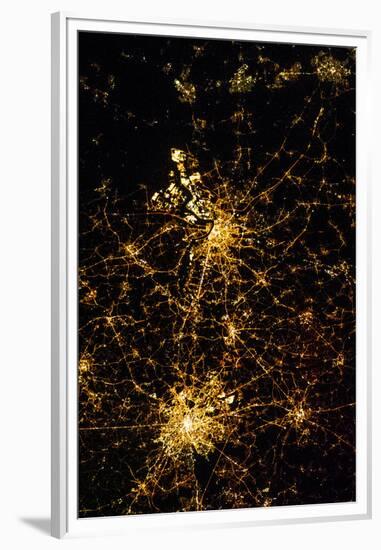 Night time satellite view of Antwerp and Brussels cities, Belgium-null-Framed Premium Photographic Print