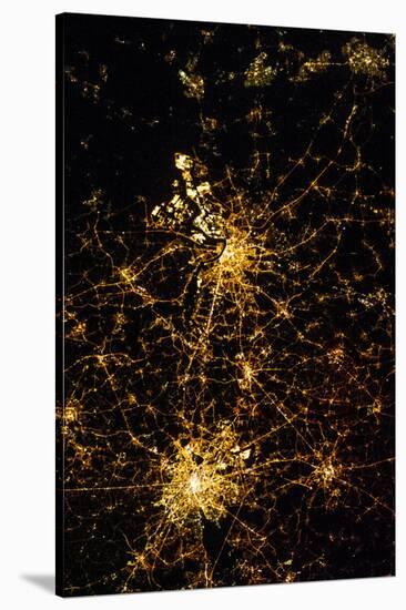 Night time satellite view of Antwerp and Brussels cities, Belgium-null-Stretched Canvas