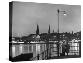 Night Time View of the City of Hamburg, Looking Across River at the New Post War Construction-Walter Sanders-Stretched Canvas