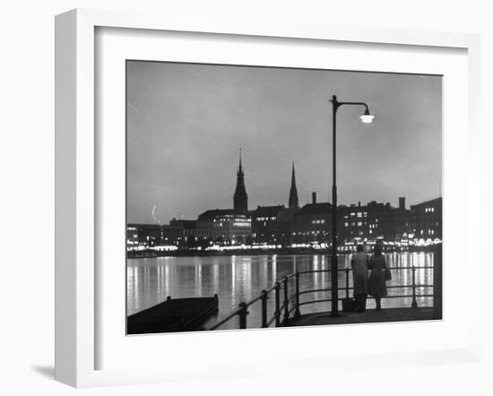 Night Time View of the City of Hamburg, Looking Across River at the New Post War Construction-Walter Sanders-Framed Photographic Print